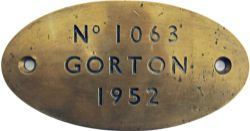 Worksplate No 1063 GORTON 1963, oval brass. Ex Metropolitan Vickers Class 76 EM1 locomotive number