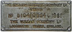 Worksplate The English Electric Company Ltd London No 3104/D654 1961 The Vulcan Foundry Ltd