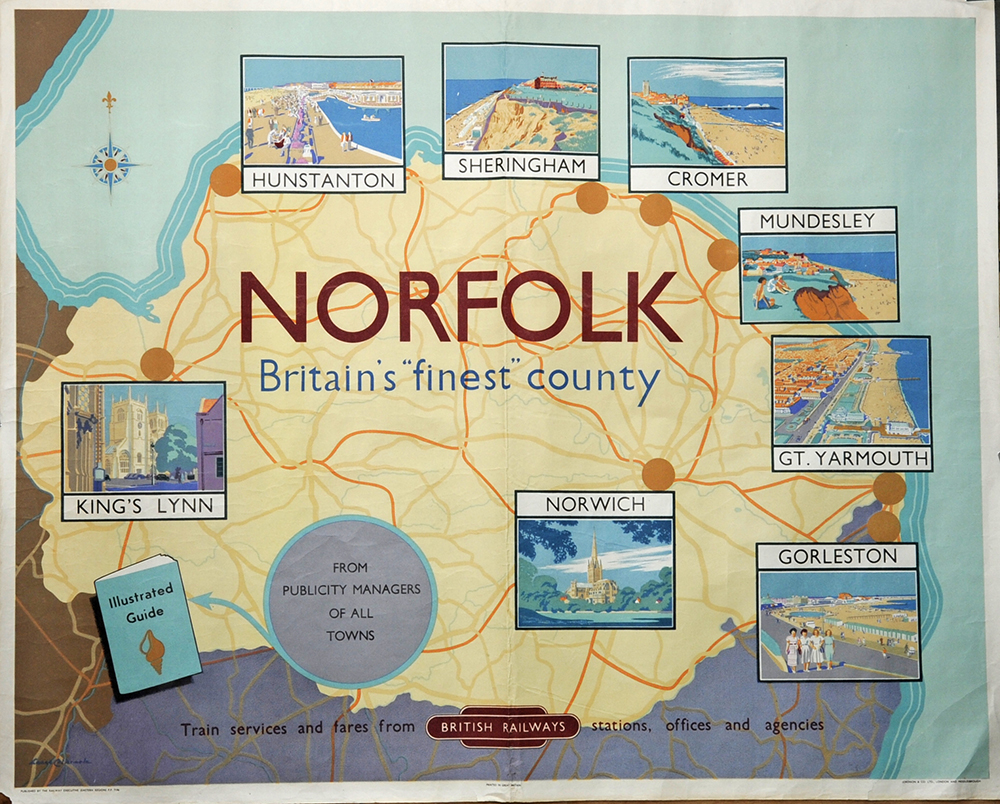 Poster 'Norfolk' by Lance Cattermole quad royal 40in x 50in map style overlaid with 8 small images