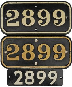 GWR cast iron Cabside Numberplate 2899 a pair together with 2899 Smokebox Numberplate. Ex GWR