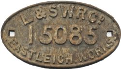Wagon Plate L&SWR Co Eastleigh Works 15085. Cast iron 13in x 7in, original condition.