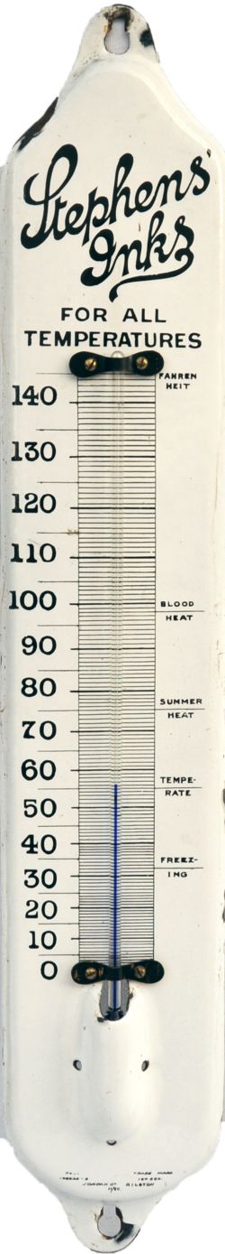 Advertising Enamel Stephens Inks Thermometer , black on white enamel, with makers name Jordan Ltd