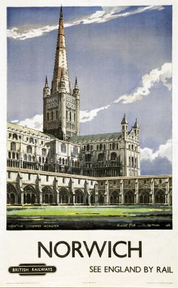 Poster British Railways 'Norwich - The Cloisters - See England By Rail' by Kenneth Steel, 1950