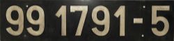 East German Railways Cabside Numberplate 99 - 1791 - 5. Built in 1956 for use on the