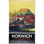 Poster LNER 'Norwich - It's Quicker By Rail' by Frank Mason,1934 double royal 25in x 4 in. Published