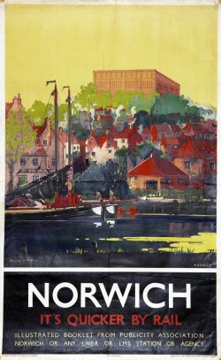 Poster LNER 'Norwich - It's Quicker By Rail' by Frank Mason,1934 double royal 25in x 4 in. Published