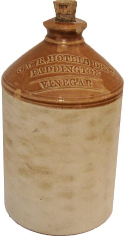 GWR Hotels Dept Paddington Vinegar stoneware bottle with original cork. Stands 8.5in tall, a