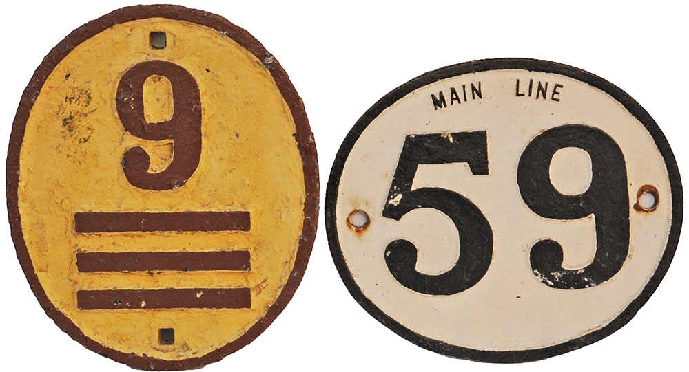 Rhymney Railway cast iron Milemarkers, a pair:- Main Line 59 and 9 with 3 bars. Both ex trackside.