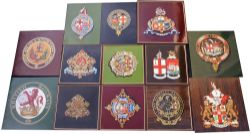 Coats of Arms Crests, qty 12 all mounted on wooden boards, to include Hull & Barnsley; two different