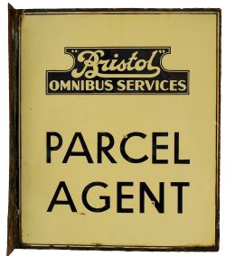 Bus Sign 'Bristol Omnibus Services Parcel Agent' double sided with wall mounting flange, 13.5in x