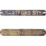 Signal Box Instrument plates, qty 2 brass comprising: 'HARTFORD STATION' L&NWR hand engraved;