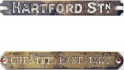 Signal Box Instrument plates, qty 2 brass comprising: 'HARTFORD STATION' L&NWR hand engraved;