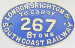 LBSCR fully titled cast iron Wagon Plate To Carry 8 Tons number 267. Cast iron 14.75in x 9.25in,