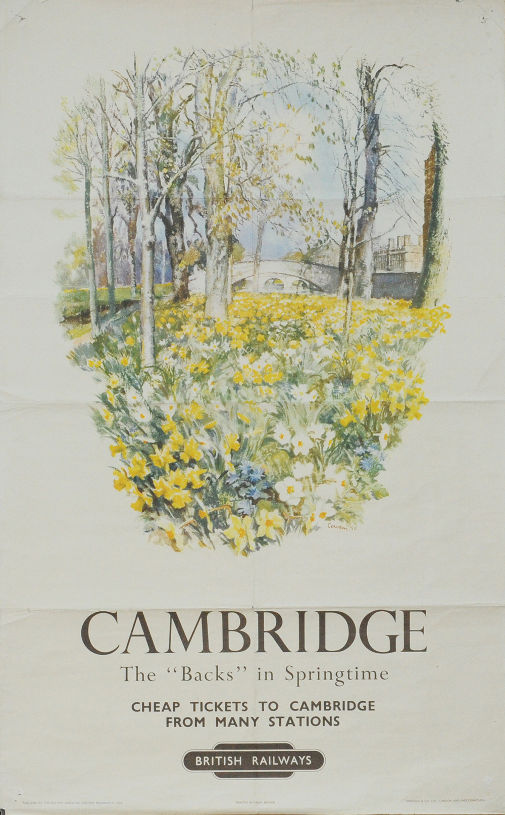 Poster BR(E) 'Cambridge' by John Cowan circa 1950, double royal size 25 inch x 40 inch. Published by
