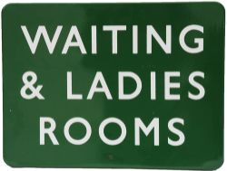 BR(S) enamel Sign WAITING & LADIES ROOMS, fully flanged measuring 24 inches by 18 inches dark green.