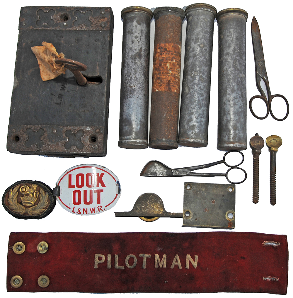 A collection of items recovered from Llangunllo comprising: Wooden Door Lock stamped L&NWR (very