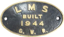 Brass Worksplate LMS Built 1944 GWR. Ex Stanier 8F loco. Face restored, rear original.