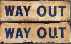 Great Western Railway enamel signs a pair WAY OUT 30 inch x 9 inch blue on white enamel, some edge