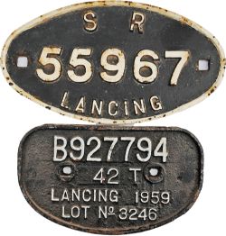 Southern Railway oval Wagon Plate SR 55967 Lancing together with a BR 'D' 42Tons Lancing Plate