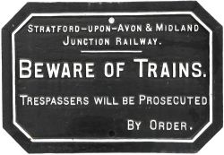 Stratford upon Avon and Midland Junction Railway Fully titled cast iron Beware of Trains /