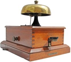 Mahogany cased Signalbox Block Bell with mushroom style bell, by RE Thompson. In excellent condition