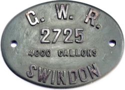 GWR oval cast iron Tenderplate number 2725 4000 Gallons. Face restored.