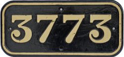 GWR cast iron Cabside Numberplate 3773. Ex GWR 0-6-0PT built Swindon in May 1938 and allocated for