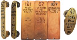 Brass Signalbox Lever Plates, qty 6 comprising: GWR oval 49 Down Main Detonators Off - On; GWR 57