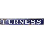 Furness Railway enamel Poster Board Heading, white on blue with scalloped border. 26.5 inches x 4