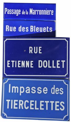 French enamel Street Signs, qty 4 comprising:- Rue Etienne Dollet 20 inches x 12 inches; Impasse des