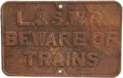 London and South Western Railway cast iron Beware of Trains sign 26 inch x 16.5 inch, traces of