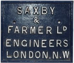 Cast Iron sign 'SAXBY & FARMER LTD ENGINEERS, LONDON'. Face restored. White on Blue. Plus Cast