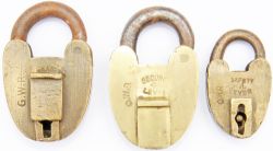 GWR heart-shaped brass and steel Padlocks, qty 3 all stamped GWR, two measure 2.25 inches tall and