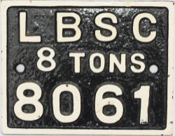 LBSCR rectangular cast iron Wagon Plate 'LBSCR 8 Tons 8061' measuring 9 inches x 7 inches. Face only