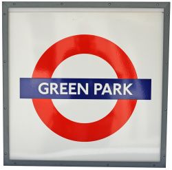 London Transport Enamel Underground Station Target Sign GREEN PARK, measuring 25.25 inches square