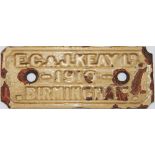 Cast iron Manufacturers Plate 'E.C. & J. Keay Ltd 1910 Birmingham' Scalloped corners measuring