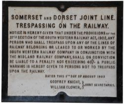 S&DJR fully titled Somerset and Dorset Joint Line Trespass Notice.  Dated August 1903, Godfrey