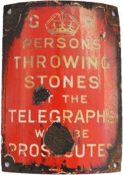 Enamel Telegraph Pole Notice 'GR Persons Throwing Stones…etc