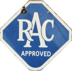 Enamel double sided Motoring sign 18 inch x 18 inch RAC APPROVED, in good condition with a few