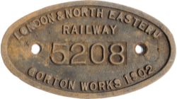 LNER cast iron 9 x 5 Works Numberplate 5208 Gorton Works 1902. Ex class J10 0-6-0T built for the