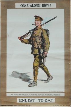 Poster World War I British Army Enlistment 'Come Along Boys Enlist Today'. Measuring 19.5 inches x