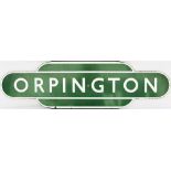 Totem BR(S) ORPINGTON H/F dark green. Ex SECR station on the London Bridge to Sevenoaks route.