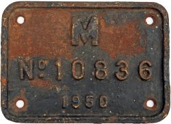 Tenderplate M No 10836 dated 1950. A rare Tenderplate from one of two Black 5's fitted with 8.5 coal