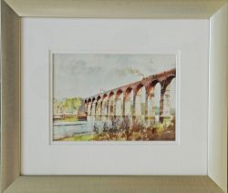 Original Watercolour Painting of Flying Scotsman crossing the Border Bridge by Brian Lancaster