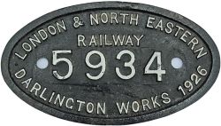 LNER 9 x 5 Works Numberplate 'London & North Eastern Railway 5934 Darlington Works 1926. Face