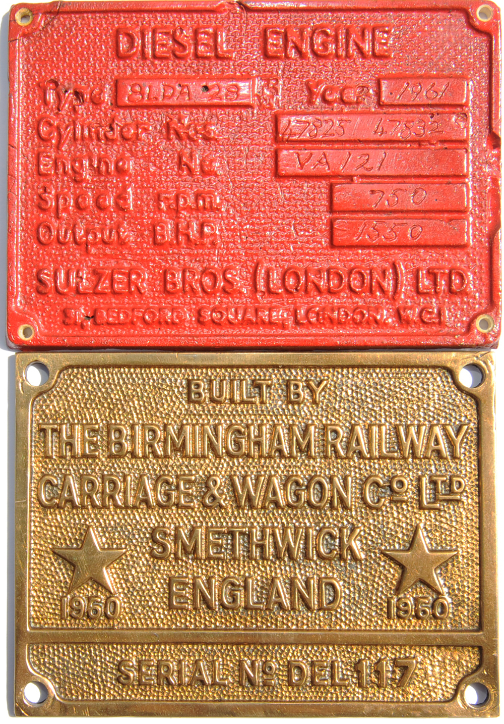 Worksplate Built By The Birmingham Railway Carriage & Wagon Co Smethwick 1960 Ser No DEL 117. Ex