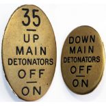 GWR oval brass Signalbox Lever Leads, a pair comprising: 35 UP MAIN DETONATORS OFF ON; DOWN MAIN