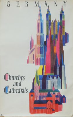 Poster - Churches and Cathedrals. Double royal size 25 inch x 40 inch, depicting a colourful