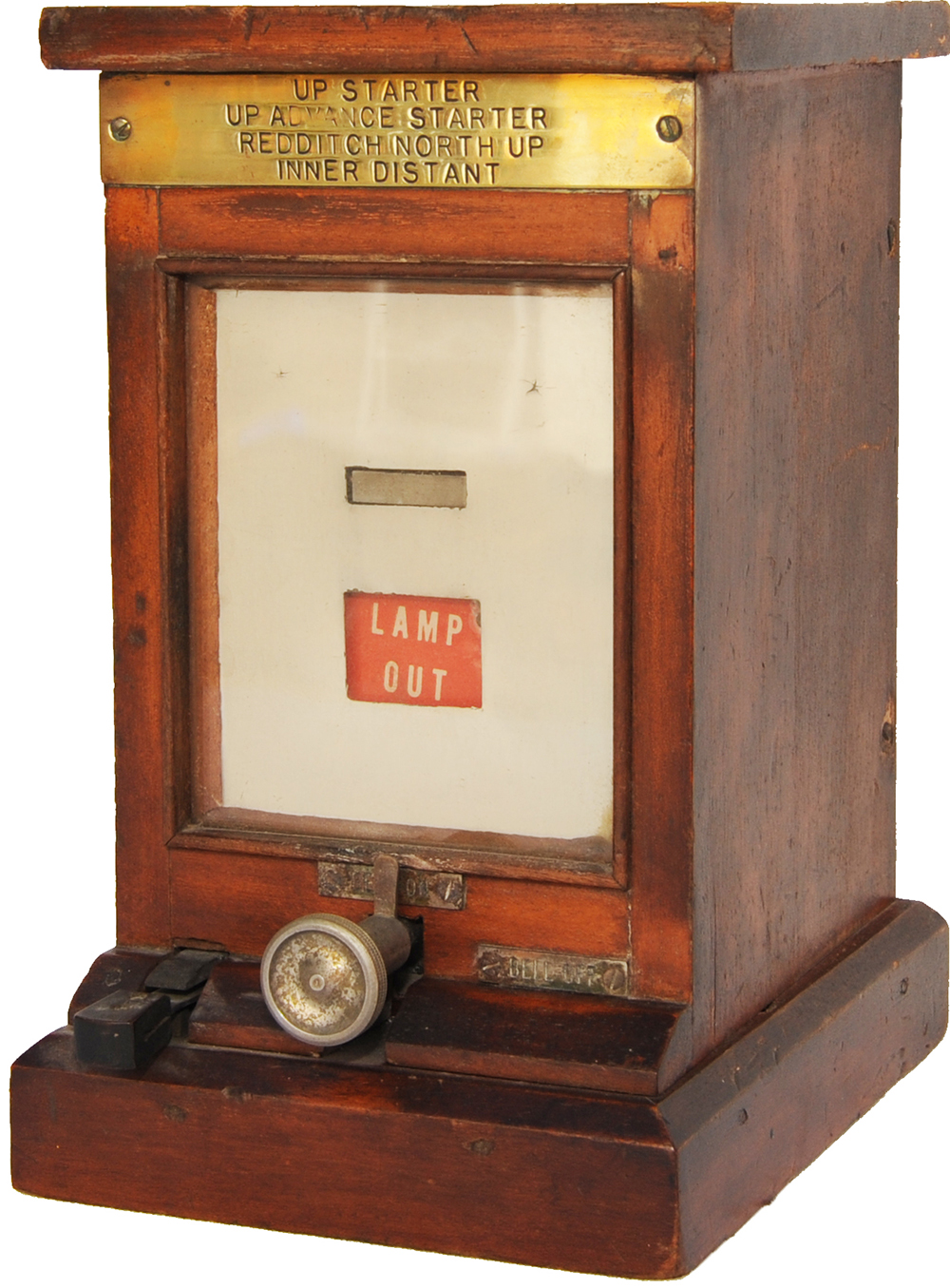 GWR Mahogany cased lamp repeater with flag Lamp out Lamp In, Brass plate on top UP STARTER UP