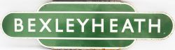Totem BR(S) BEXLEYHEATH H/F dark green. Ex SECR station between Welling and Barnhurst. Good